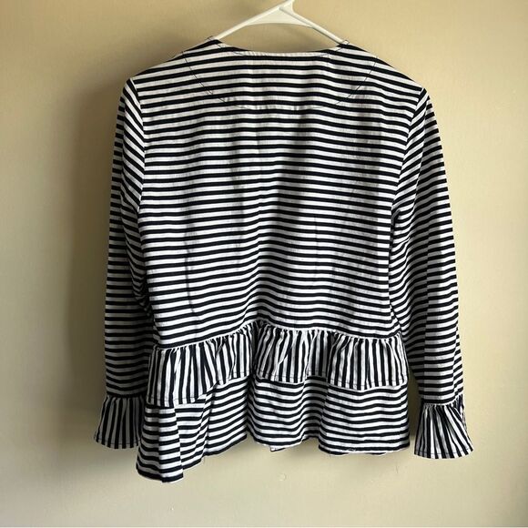 Loft Navy Blue White Striped Tiered Linen Blend Bell Sleeve Jacket NWT - Picture 4 of 5